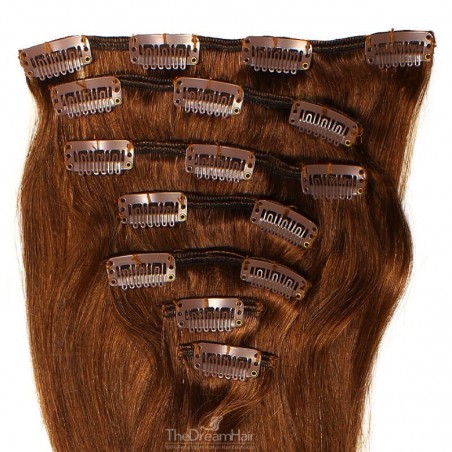Set of 7 Pieces of Weft, Clip in Hair Extensions, Color #4 (Dark Brown), Made With Remy Indian Human Hair