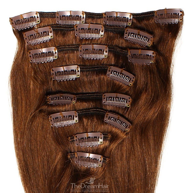 Set of 8 Pieces of Weft, Clip in Hair Extensions, Color #4 (Dark Brown), Made With Remy Indian Human Hair