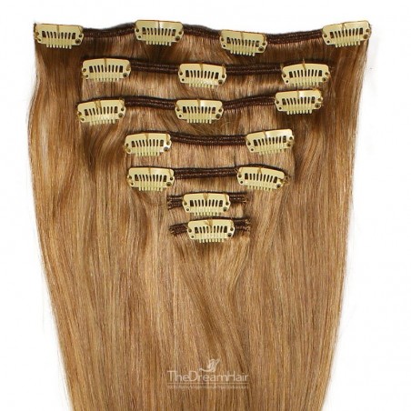 Set of 7 Pieces of Weft, Clip in Hair Extensions, Color #8 (Chestnut Brown), Made With Remy Indian Human Hair