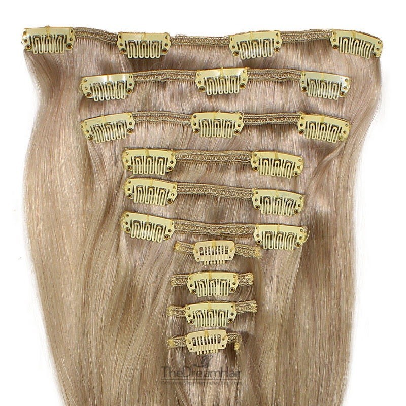 Set of 10 Pieces of Weft, Clip in Hair Extensions, Color Grey, Made With Remy Indian Human Hair