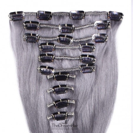 Set of 10 Pieces of Weft, Clip in Hair Extensions, Color Silver, Made With Remy Indian Human Hair