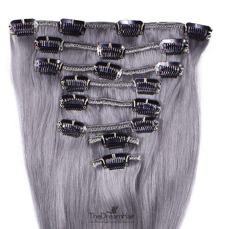 Set of 8 Pieces of Weft, Clip in Hair Extensions, Color Silver, Made With Remy Indian Human Hair