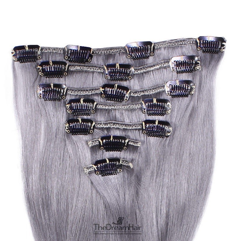 Set of 7 Pieces of Weft, Clip in Hair Extensions, Color Silver, Made With Remy Indian Human Hair