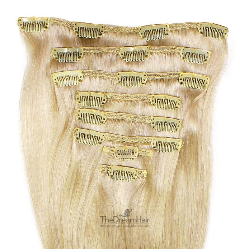 Set of 8 Pieces of Weft, Clip in Hair Extensions, Color #613 (Platinum Blonde), Made With Remy Indian Human Hair