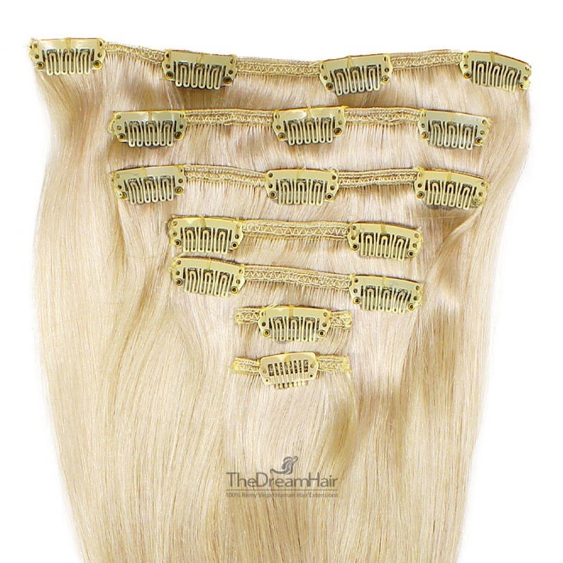 Set of 7 Pieces of Weft, Clip in Hair Extensions, Color #613 (Platinum Blonde), Made With Remy Indian Human Hair