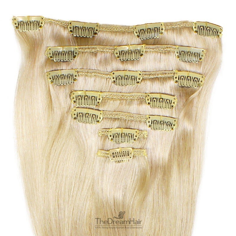 Set of 7 Pieces of Weft, Clip in Hair Extensions, Color #60 (Lightest Blonde), Made With Remy Indian Human Hair