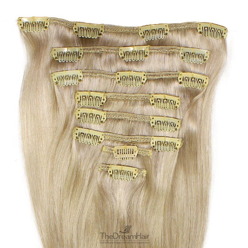 Set of 8 Pieces of Weft, Clip in Hair Extensions, Color #22 (Light Pale Blonde), Made With Remy Indian Human Hair