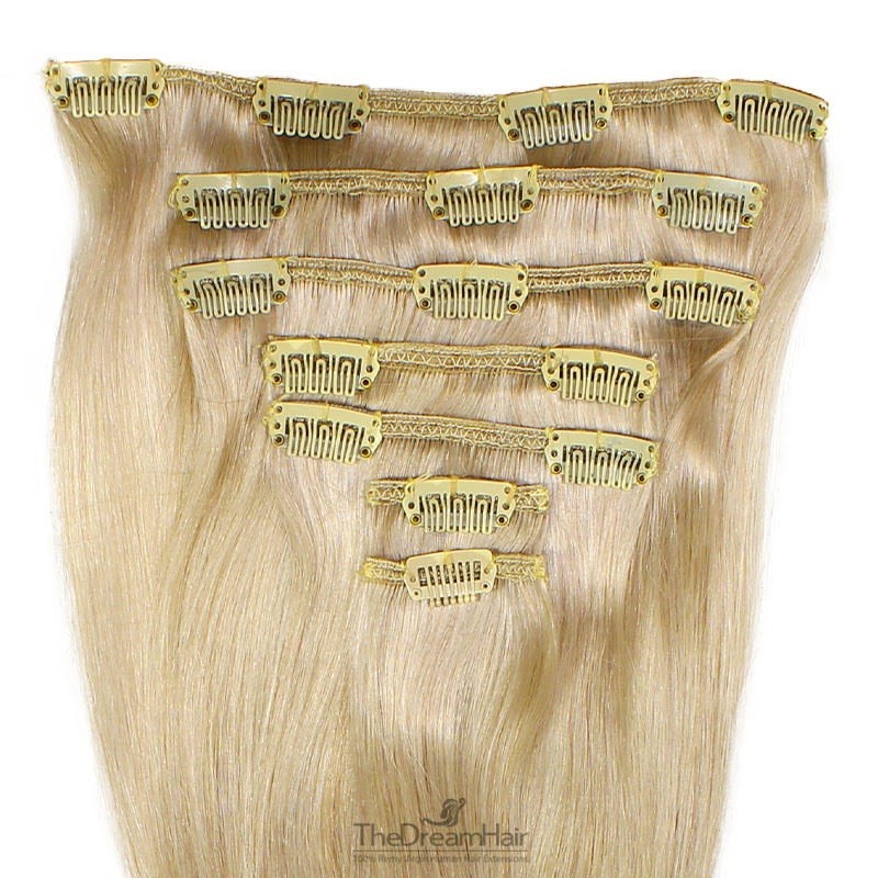 Set of 7 Pieces of Weft, Clip in Hair Extensions, Color #24 (Golden Blonde), Made With Remy Indian Human Hair