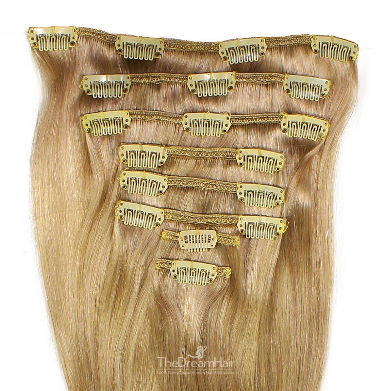Set of 8 Pieces of Weft, Clip in Hair Extensions, Color #14 (Dark Ash Blonde), Made With Remy Indian Human Hair