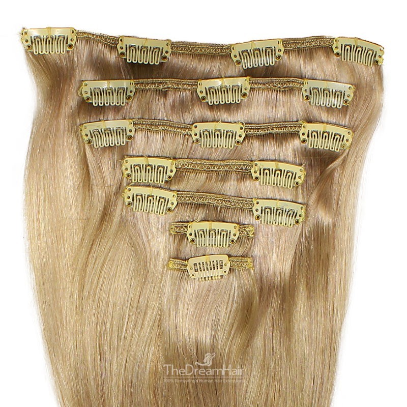 Set of 7 Pieces of Weft, Clip in Hair Extensions, Color #14 (Dark Ash Blonde), Made With Remy Indian Human Hair