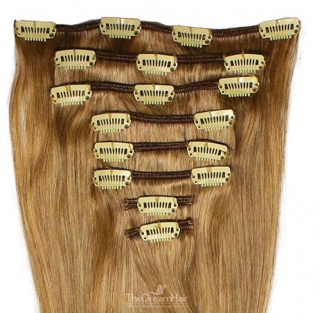Set of 8 Pieces of Weft, Clip in Hair Extensions, Color #12 (Light Brown), Made With Remy Indian Human Hair