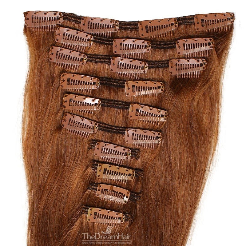 Set of 10 Pieces of Weft, Clip in Hair Extensions, Color #30 (Dark Auburn), Made With Remy Indian Human Hair