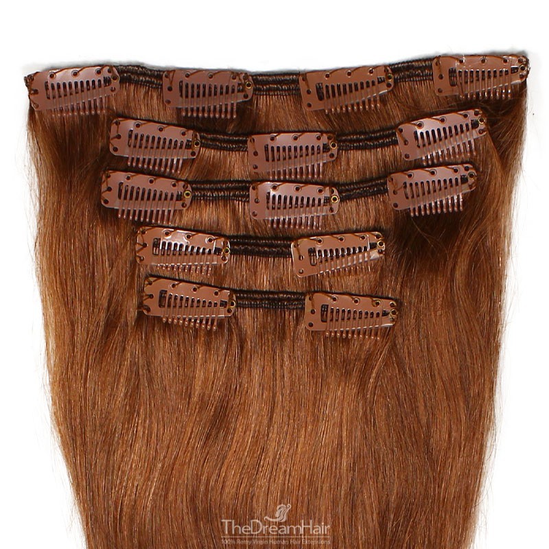 Set of 5 Pieces of Weft, Clip in Hair Extensions, Color #33 (Auburn), Made With Remy Indian Human Hair