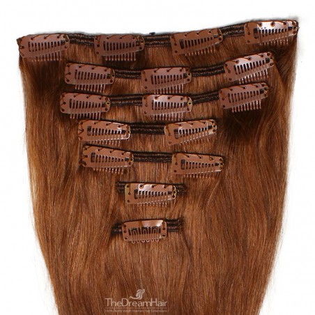 Set of 7 Pieces of Weft, Clip in Hair Extensions, Color #33 (Auburn), Made With Remy Indian Human Hair