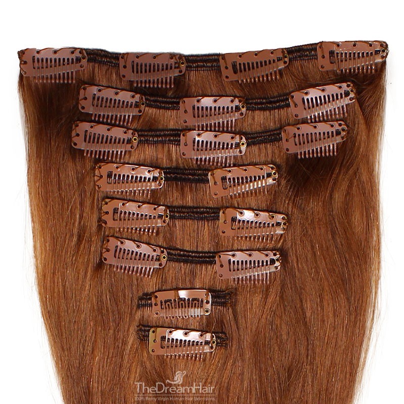 Set of 8 Pieces of Weft, Clip in Hair Extensions, Color #33 (Auburn), Made With Remy Indian Human Hair
