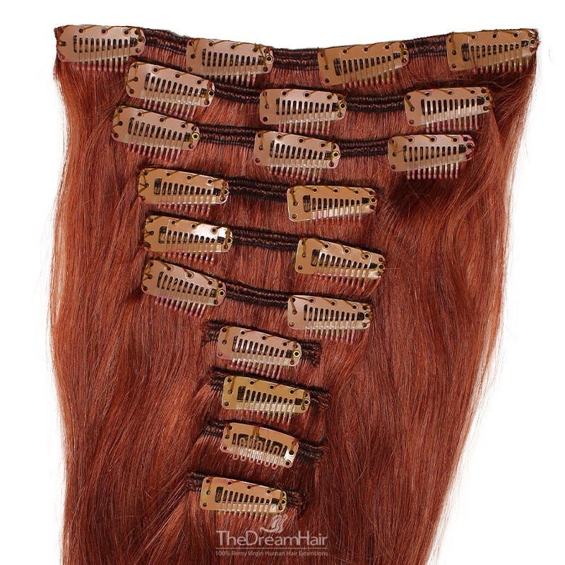 Set of 10 Pieces of Weft, Clip in Hair Extensions, Color #35 (Red Rust), Made With Remy Indian Human Hair),