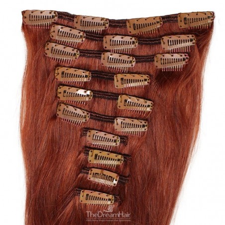 Set of 10 Pieces of Weft, Clip in Hair Extensions, Color #35 (Red Rust), Made With Remy Indian Human Hair),
