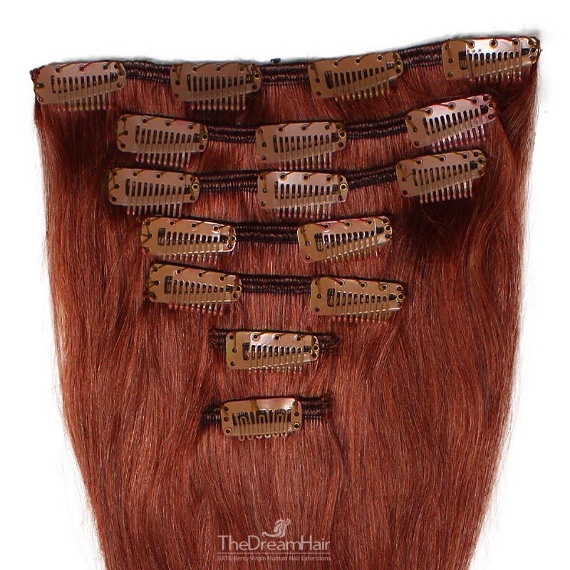 Set of 7 Pieces of Weft, Clip in Hair Extensions, Color #35 (Red Rust), Made With Remy Indian Human Hair