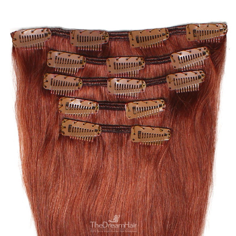 Set of 5 Pieces of Weft, Clip in Hair Extensions, Color #350 (Dark Copper Red), Made With Remy Indian Human Hair Set of 5 Pieces of Weft, Clip in Hair Extensions, Color #350 (Dark Copper Red), Made With Remy Indian Human Hair