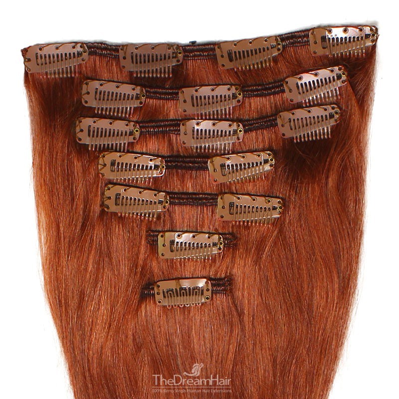 Set of 7 Pieces of Weft, Clip in Hair Extensions, Color #350 (Dark Copper Red), Made With Remy Indian Human Hair
