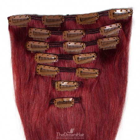 Set of 7 Pieces of Weft, Clip in Hair Extensions, Color #530 (Red Wine), Made With Remy Indian Human Hair