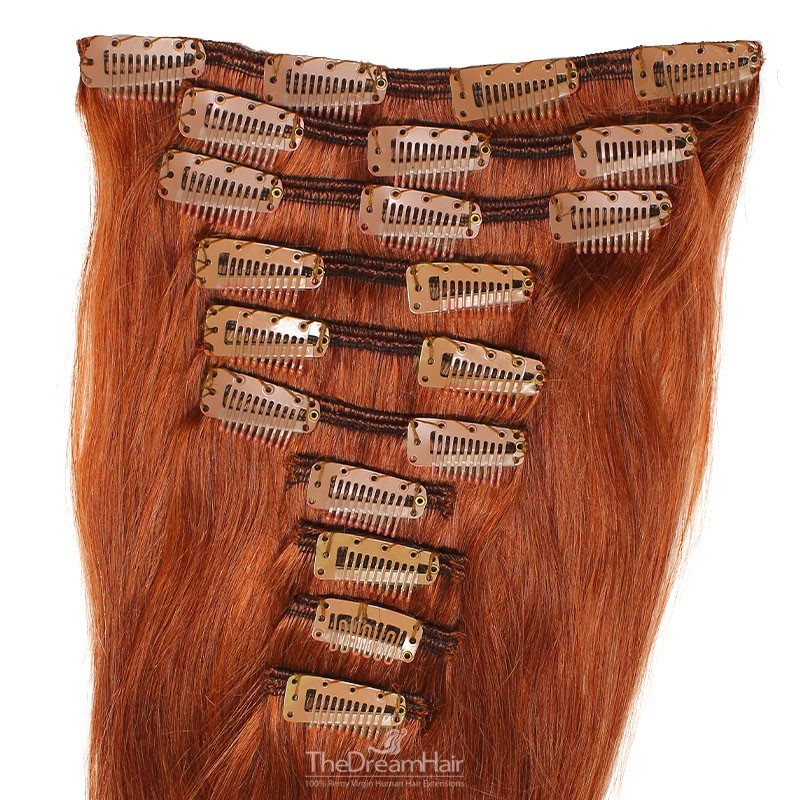 Set of 10 Pieces of Weft, Clip in Hair Extensions, Color #350 (Dark Copper Red), Made With Remy Indian Human Hair