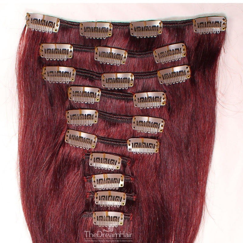 Set of 10 Pieces of Weft, Clip in Hair Extensions, Color #99j (Burgundy), Made With Remy Indian Human Hair