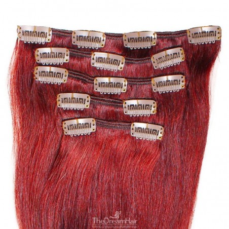 Set of 5 Pieces of Weft, Clip in Hair Extensions, Color Red, Made With Remy Indian Human Hair