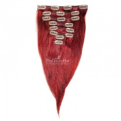 Set of 8 Pieces of Weft, Clip in Hair Extensions, Color Red, Made With Remy Indian Human Hair