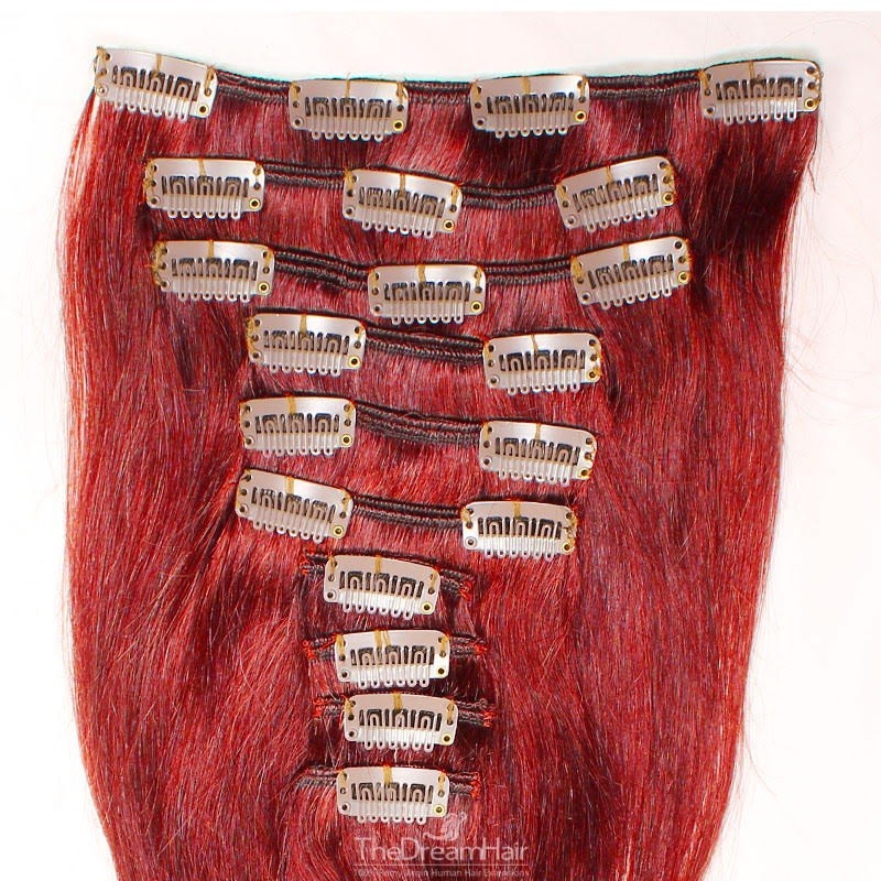 Set of 10 Pieces of Weft, Clip in Hair Extensions, Color Red, Made With Remy Indian Human Hair