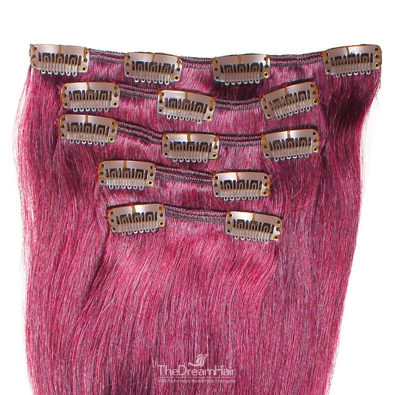 Set of 5 Pieces of Weft, Clip in Hair Extensions, Color Pink, Made With Remy Indian Human Hair Set of 5 Pieces of Weft, Clip in Hair Extensions, Color Pink, Made With Remy Indian Human Hair