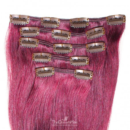 Set of 5 Pieces of Weft, Clip in Hair Extensions, Color Pink, Made With Remy Indian Human Hair