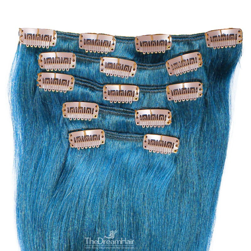 Set of 5 Pieces of Weft, Clip in Hair Extensions, Color Blue, Made With Remy Indian Human Hair