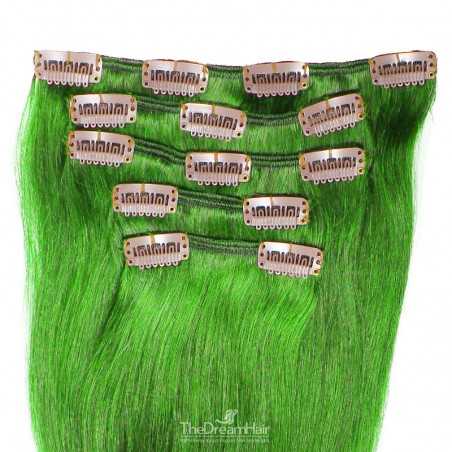 Set of 5 Pieces of Weft, Clip in Hair Extensions, Color Green, Made With Remy Indian Human Hair