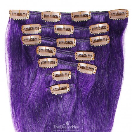 Set of 7 Pieces of Weft, Clip in Hair Extensions, Color Purple, Made With Remy Indian Human Hair