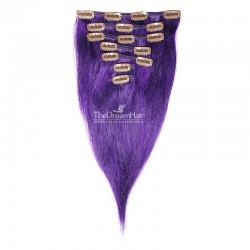Set of 7 Pieces of Weft, Clip in Hair Extensions, Color Purple, Made With Remy Indian Human Hair