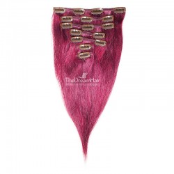 Set of 7 Pieces of Weft, Clip in Hair Extensions, Color Pink, Made With Remy Indian Human Hair
