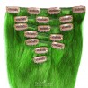 Set of 7 Pieces of Weft, Clip in Hair Extensions, Color Green, Made With Remy Indian Human Hair