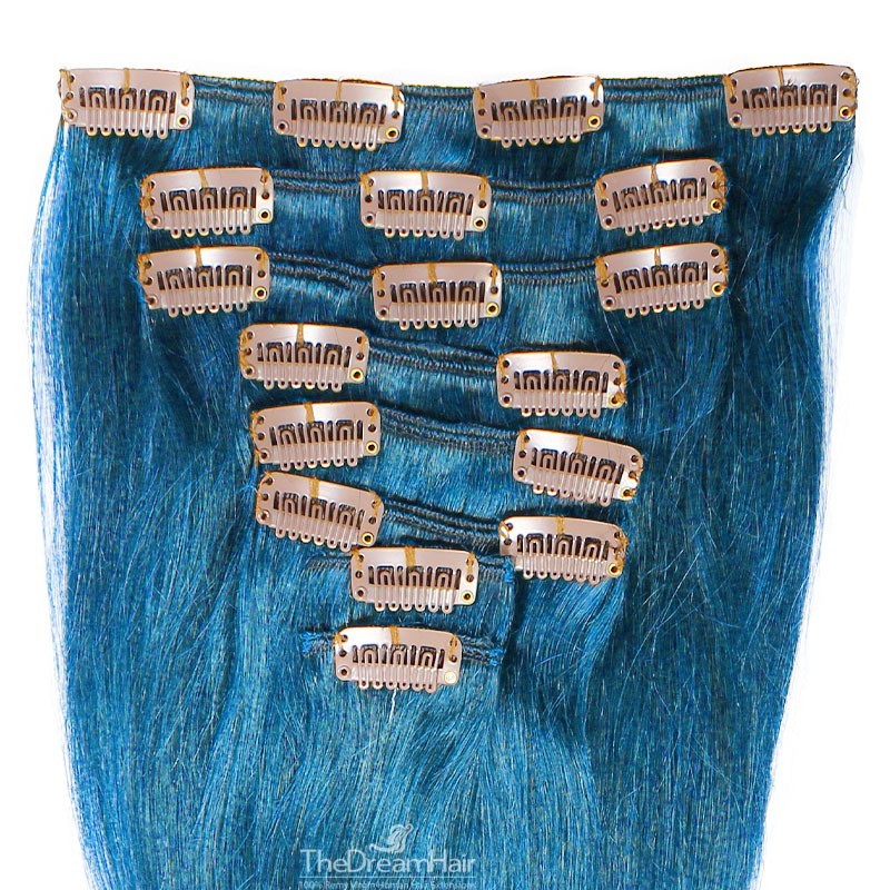 Set of 8 Pieces of Weft, Clip in Hair Extensions, Color Blue, Made With Remy Indian Human Hair