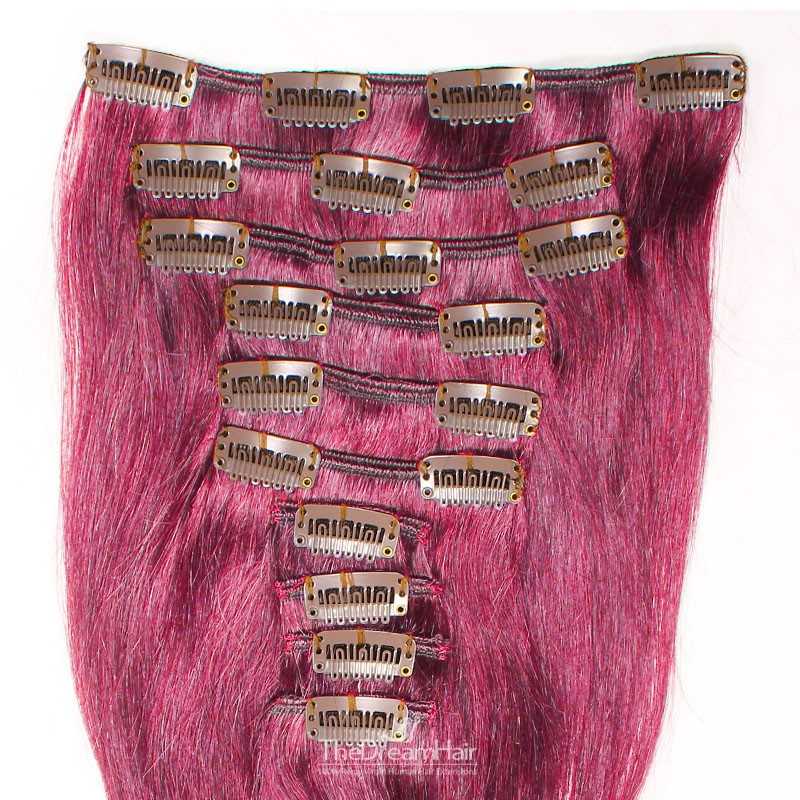 Set of 10 Pieces of Weft, Clip in Hair Extensions, Color Pink, Made With Remy Indian Human Hair
