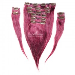 Set of 10 Pieces of Weft, Clip in Hair Extensions, Color Pink, Made With Remy Indian Human Hair
