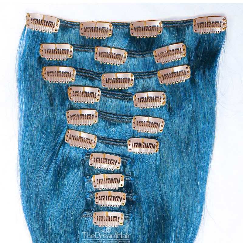 copy of Set of 10 Pieces of Weft, Clip in Hair Extensions, Color Blue, Made With Remy Indian Human Hair
