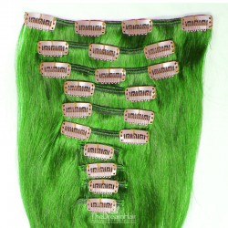 Set of 10 Pieces of Weft, Clip in Hair Extensions, Color Green, Made With Remy Indian Human Hair
