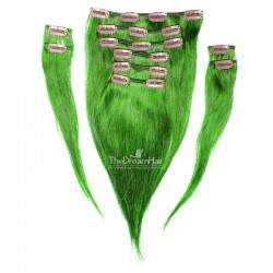 Set of 10 Pieces of Weft, Clip in Hair Extensions, Color Green, Made With Remy Indian Human Hair