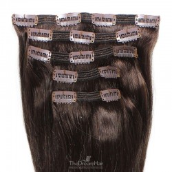 Set of 5 Pieces of Double Weft, Clip in Hair Extensions, Color #2 (Darkest Brown), Made With Remy Indian Human Hair