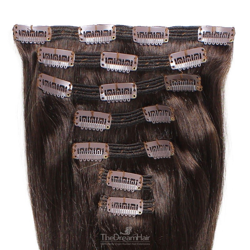 Set of 7 Pieces of Double Weft, Clip in Hair Extensions, Color #2 (Darkest Brown), Made With Remy Indian Human Hair