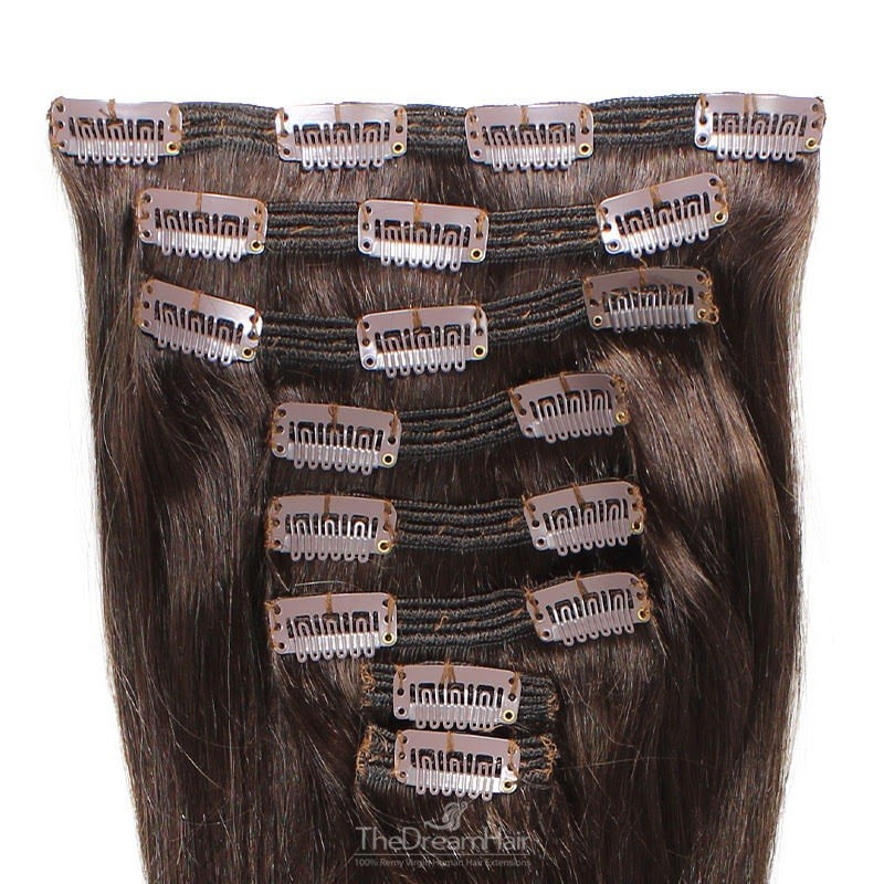 Set of 8 Pieces of Double Weft, Clip in Hair Extensions, Color #2 (Darkest Brown), Made With Remy Indian Human Hair