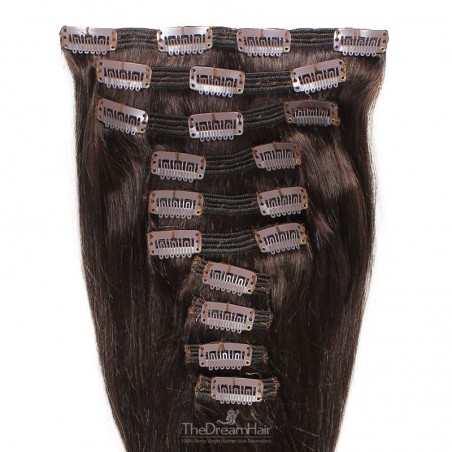 Set of 10 Pieces of Double Weft, Clip in Hair Extensions, Color #2 (Darkest Brown), Made With Remy Indian Human Hair
