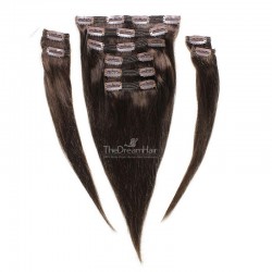 Set of 10 Pieces of Double Weft, Clip in Hair Extensions, Color #2 (Darkest Brown), Made With Remy Indian Human Hair