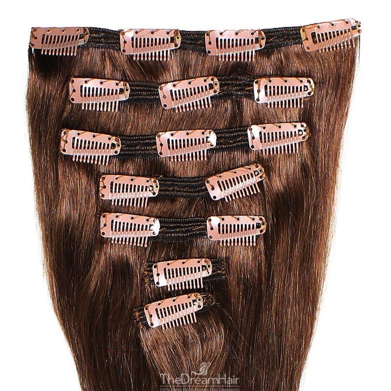 Set of 7 Pieces of Double Weft, Clip in Hair Extensions, Color #4 (Dark Brown), Made With Remy Indian Human Hair